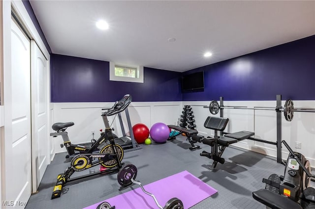 443 S Hametown Rd, Copley, OH 44321 - workout room with wainscoting, a decorative wall, and recessed lighting