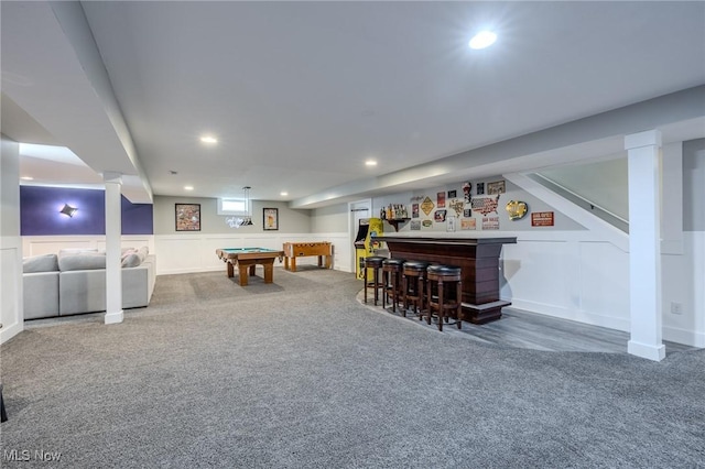 443 S Hametown Rd, Copley, OH 44321 - indoor dry bar featuring carpet flooring, billiards, recessed lighting, and stairway