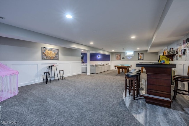 443 S Hametown Rd, Copley, OH 44321 - bar area featuring billiards table, recessed lighting, wainscoting, a decorative wall, and carpet flooring
