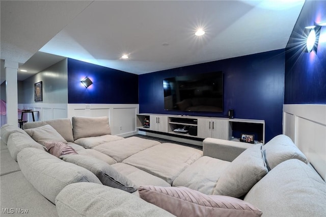 443 S Hametown Rd, Copley, OH 44321 - home theater room with a decorative wall, a wainscoted wall, recessed lighting, and decorative columns