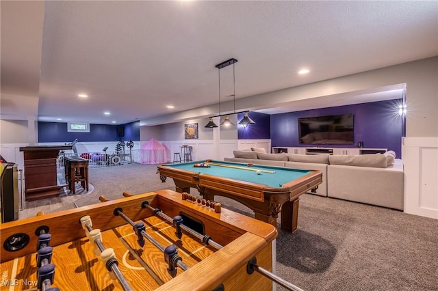 443 S Hametown Rd, Copley, OH 44321 - rec room featuring carpet floors, a bar, billiards, a wainscoted wall, and recessed lighting