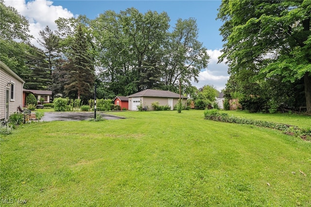 153 N Doan Ave, Painesville, OH 44077 - view of green lawn with driveway, a detached garage, and view of wooded area