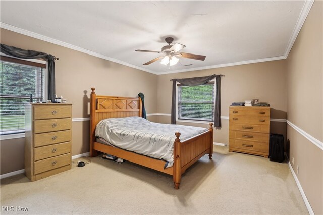 153 N Doan Ave, Painesville, OH 44077 - bedroom featuring light carpet, baseboards, ornamental molding, and ceiling fan