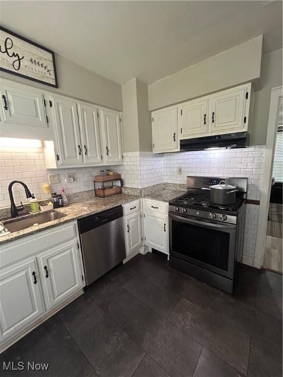 16112 Raymond St, Maple Heights, OH 44137 - kitchen featuring stainless steel appliances, under cabinet range hood, a sink, white cabinets, and light stone counters