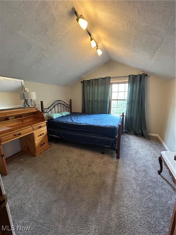 16112 Raymond St, Maple Heights, OH 44137 - carpeted bedroom with a textured ceiling, vaulted ceiling, rail lighting, and baseboards