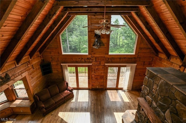 5360 Lance Rd, Medina, OH 44256 - living area featuring wood ceiling, hardwood / wood-style flooring, wooden walls, and ceiling fan