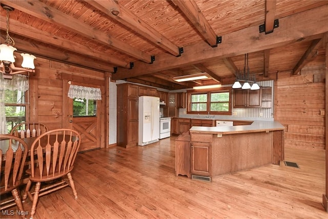 5360 Lance Rd, Medina, OH 44256 - kitchen featuring a chandelier, white appliances, wood ceiling with exposed beams, wooden walls, and a peninsula