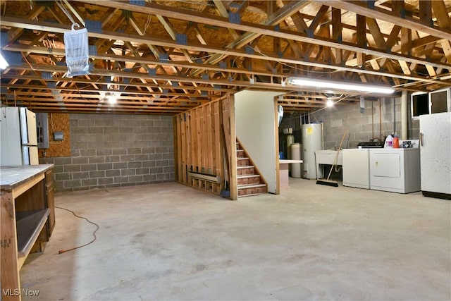 5990 Stewart Sharon Rd, Hubbard, OH 44425 - unfinished below grade area featuring washing machine and clothes dryer, stairway, concrete block wall, water heater, and a sink