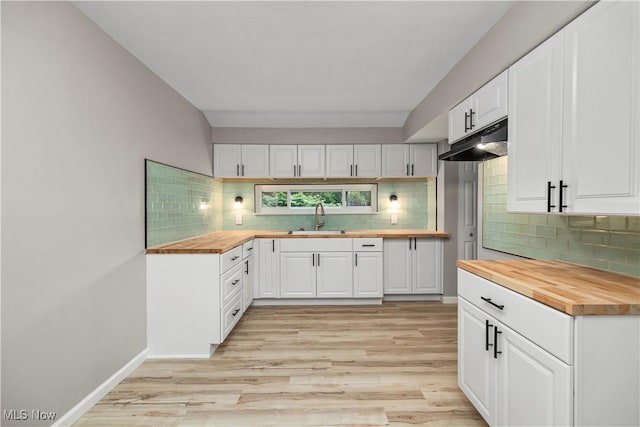 6265 Jaycox Rd, North Ridgeville, OH 44039 - kitchen featuring wood counters, a sink, under cabinet range hood, and tasteful backsplash