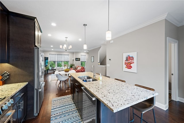 1343 W Clifton Blvd, Lakewood, OH 44107 - kitchen with a sink, ornamental molding, appliances with stainless steel finishes, a chandelier, and dark wood finished floors