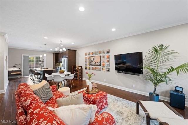 1343 W Clifton Blvd, Lakewood, OH 44107 - living area featuring a chandelier, ornamental molding, recessed lighting, baseboards, and dark wood-style flooring