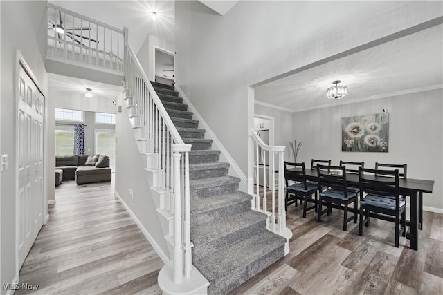 301 Tower Ln, Amherst, OH 44001 - staircase with wood finished floors, baseboards, and a towering ceiling