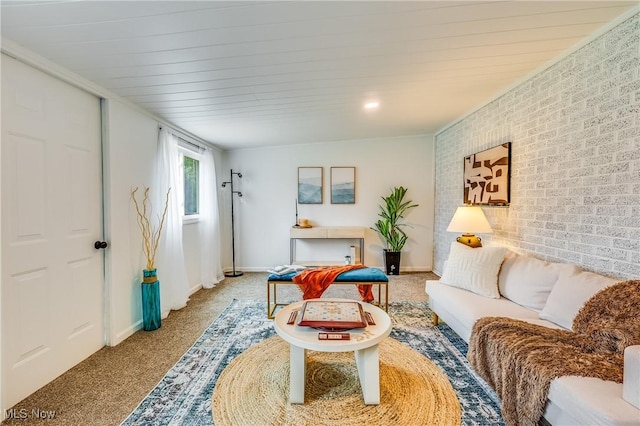 2546 Atlantic, Warren, OH 44483 - living room featuring carpet, brick wall, baseboards, and wooden ceiling