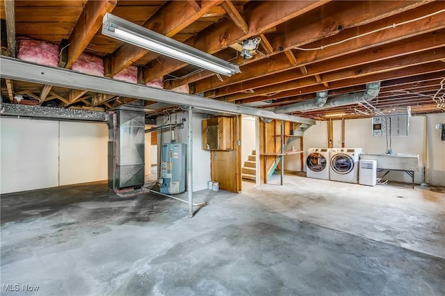 2546 Atlantic, Warren, OH 44483 - unfinished below grade area with gas water heater, washing machine and clothes dryer, a sink, stairway, and heating unit