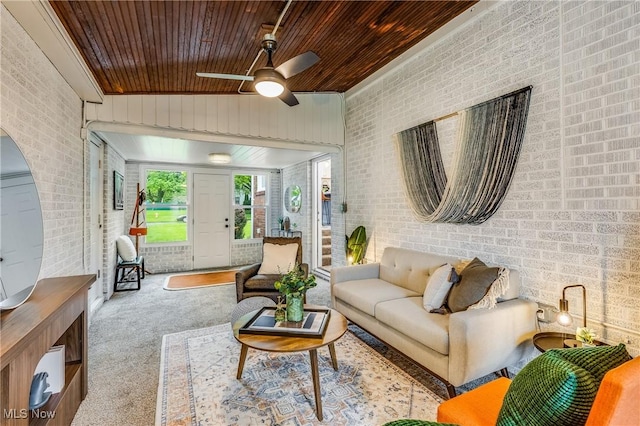 2546 Atlantic, Warren, OH 44483 - carpeted living room with brick wall, wooden ceiling, and ceiling fan