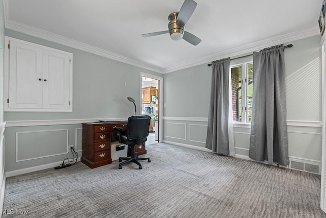 1033 Briarcliff Ave, Alliance, OH 44601 - office area featuring carpet floors, a decorative wall, crown molding, ceiling fan, and a wainscoted wall