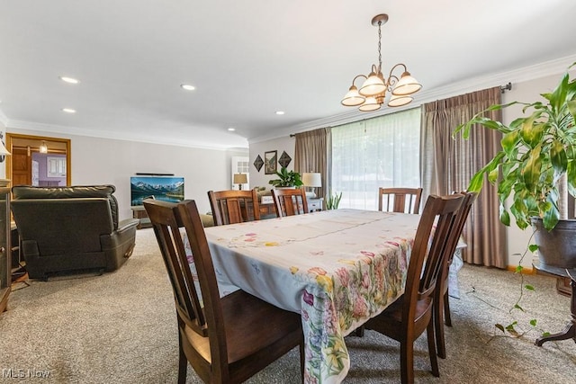 1033 Briarcliff Ave, Alliance, OH 44601 - dining area featuring light colored carpet, a chandelier, ornamental molding, and recessed lighting
