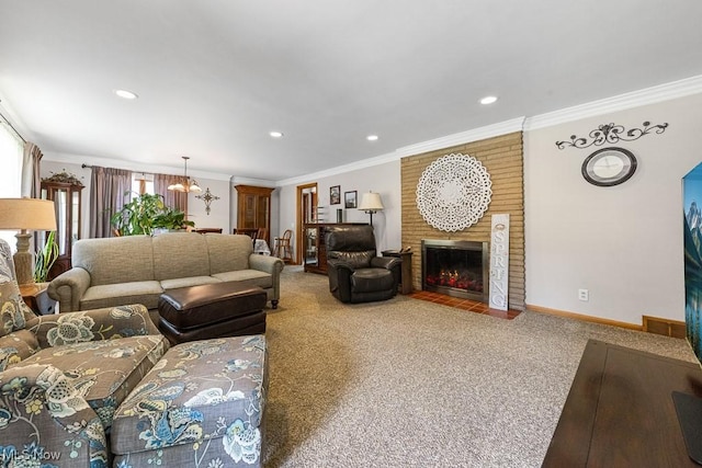 1033 Briarcliff Ave, Alliance, OH 44601 - living area with ornamental molding, carpet flooring, a chandelier, recessed lighting, and a brick fireplace