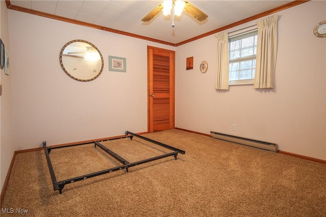 58429 Lashley Rd, Senecaville, OH 43780 - unfurnished bedroom with baseboard heating, crown molding, carpet floors, and baseboards
