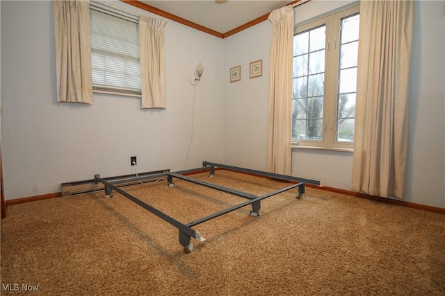 58429 Lashley Rd, Senecaville, OH 43780 - unfurnished bedroom featuring ornamental molding, baseboards, baseboard heating, and carpet floors