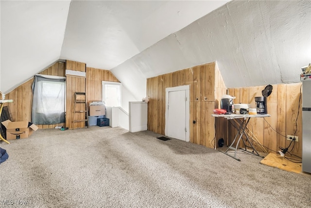11020 Woodstock Ave, Cleveland, OH 44104 - bonus room featuring wooden walls, lofted ceiling, carpet floors, and heating unit