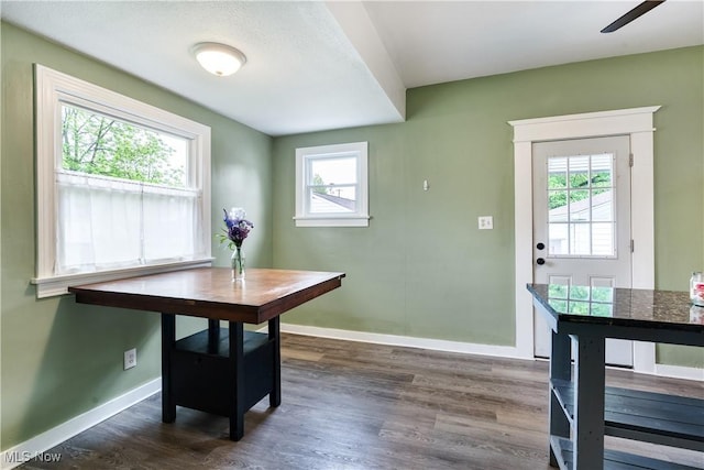321 Cornell Ave, Youngstown, OH 44507 - dining room featuring baseboards, plenty of natural light, dark wood finished floors, and ceiling fan
