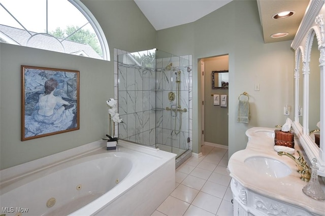 3691 Lexington Ct, Westlake, OH 44145 - bathroom with a shower stall, a jetted tub, vanity, tile patterned flooring, and baseboards