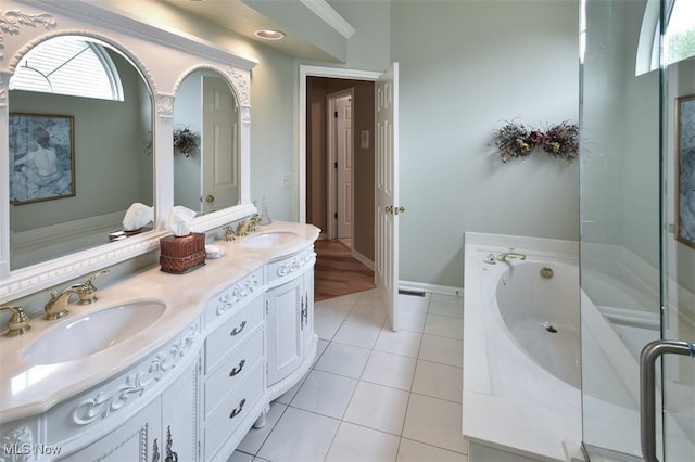 3691 Lexington Ct, Westlake, OH 44145 - full bath featuring double vanity, a garden tub, tile patterned floors, a stall shower, and baseboards
