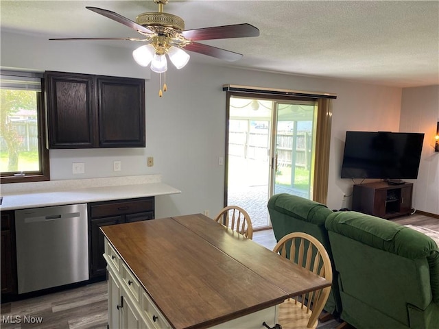 2733 W 37th St, Lorain, OH 44053 - kitchen featuring stainless steel dishwasher, light wood-type flooring, wood counters, healthy amount of natural light, and a textured ceiling