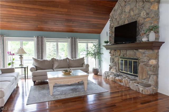 30907 Arlington Cir, Bay Village, OH 44140 - living room featuring vaulted ceiling, a stone fireplace, wooden ceiling, hardwood / wood-style flooring, and baseboards