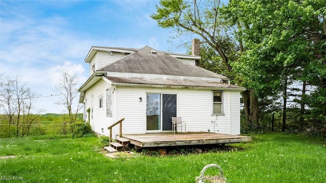 8045 Old Town Rd, East Fultonham, OH 43777 - back of house with a deck, a chimney, and a shingled roof