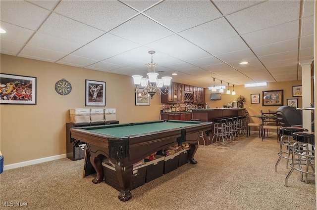 8550 Ivy Hill Dr Unit 16, Poland, OH 44514 - recreation room featuring light colored carpet, bar, billiards table, a drop ceiling, and baseboards