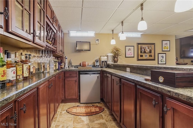 8550 Ivy Hill Dr Unit 16, Poland, OH 44514 - indoor wet bar with stainless steel dishwasher, a paneled ceiling, and hanging light fixtures