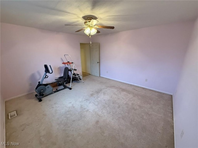 6920 Riverside Rd SE, Gnadenhutten, OH 44629 - workout area featuring a ceiling fan, carpet, and baseboards