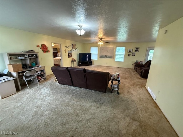 6920 Riverside Rd SE, Gnadenhutten, OH 44629 - carpeted living area with ceiling fan and a textured ceiling