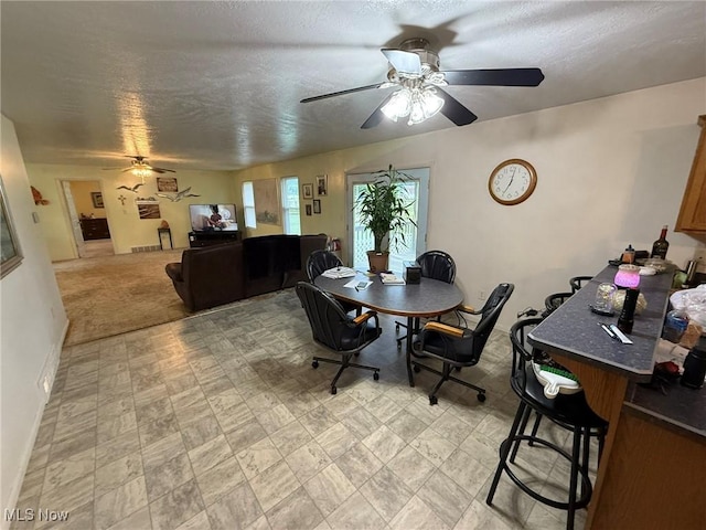 6920 Riverside Rd SE, Gnadenhutten, OH 44629 - dining space featuring a ceiling fan, baseboards, and a textured ceiling