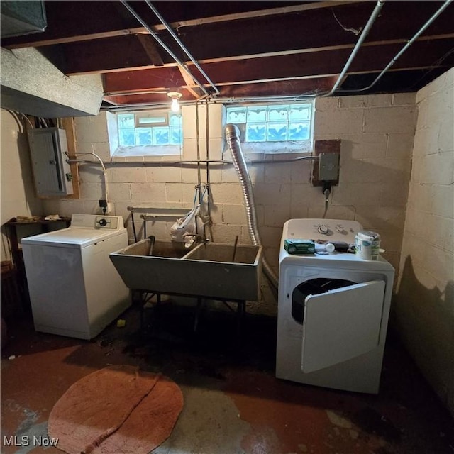 1669 Wood Rd, Cleveland Heights, OH 44121 - below grade area with electric panel, independent washer and dryer, healthy amount of natural light, and a sink