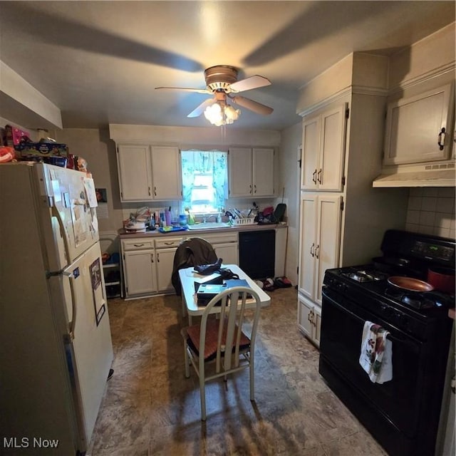 1669 Wood Rd, Cleveland Heights, OH 44121 - kitchen featuring black appliances, under cabinet range hood, a ceiling fan, tasteful backsplash, and white cabinets