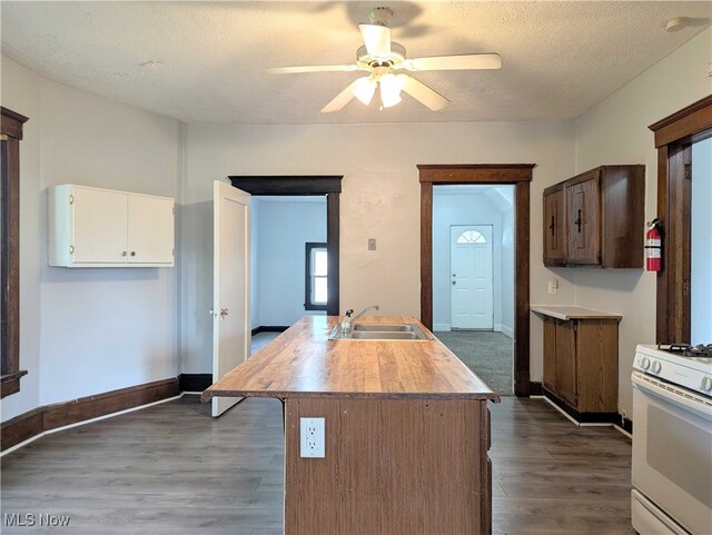 925 Camden Ave SW, Canton, OH 44706 - kitchen with a sink, white gas stove, ceiling fan, dark wood-style floors, and a textured ceiling
