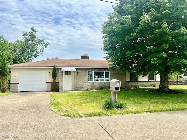 281 Hillcrest Dr, Wellsburg, WV 26070 - ranch-style home with an attached garage, driveway, stone siding, a front lawn, and a chimney