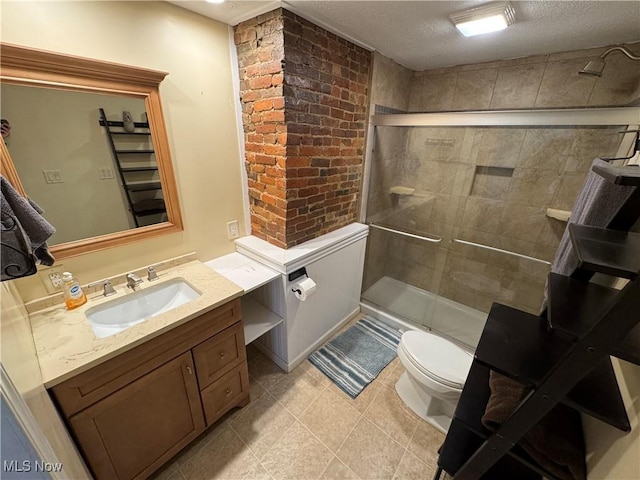 208 Walton Ave, Barnesville, OH 43713 - full bathroom with toilet, a stall shower, vanity, a textured ceiling, and tile patterned flooring