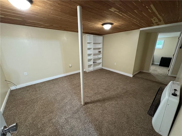 208 Walton Ave, Barnesville, OH 43713 - below grade area featuring wooden ceiling, carpet flooring, and baseboards