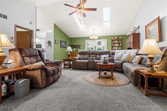 4948 State Route 61, Mount Gilead, OH 43338 - living room featuring carpet, a skylight, ceiling fan, and high vaulted ceiling