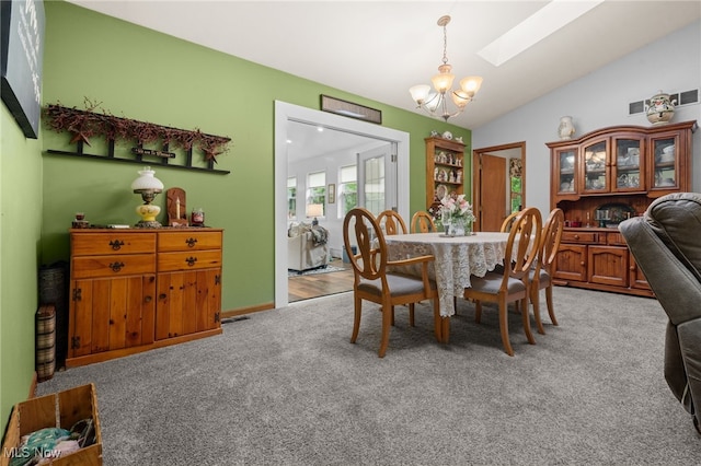 4948 State Route 61, Mount Gilead, OH 43338 - dining room with a chandelier, light carpet, lofted ceiling, and a skylight