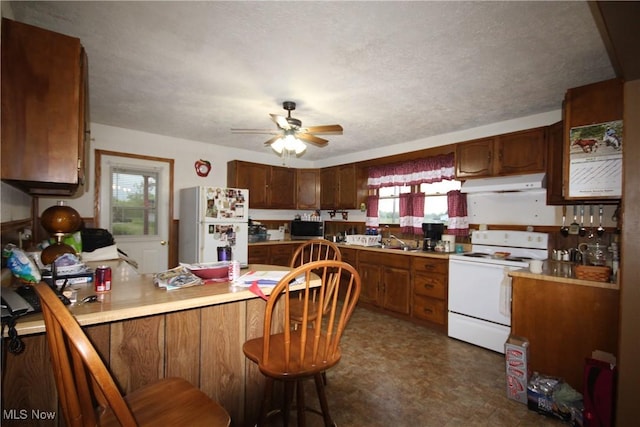 14201 Kauffman Ave, Sterling, OH 44276 - kitchen featuring white appliances, under cabinet range hood, a peninsula, a sink, and ceiling fan