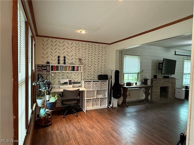 7350 Center Rd, Saybrook, OH 44004 - office featuring crown molding, wood finished floors, and a brick fireplace