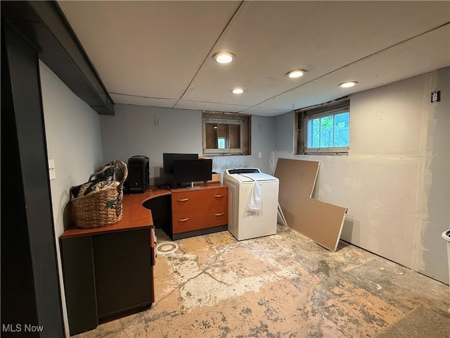 7350 Center Rd, Saybrook, OH 44004 - basement featuring washer / clothes dryer, an office area, and recessed lighting