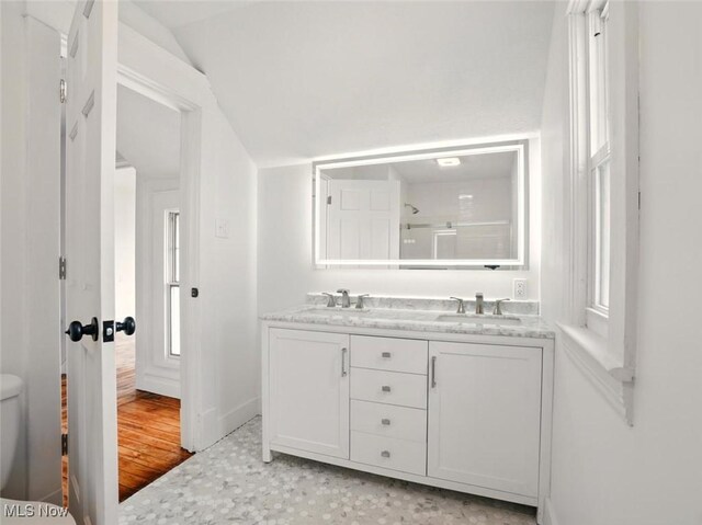 1433 W 4th St, Ashtabula, OH 44004 - bathroom with double vanity, a shower, vaulted ceiling, toilet, and baseboards