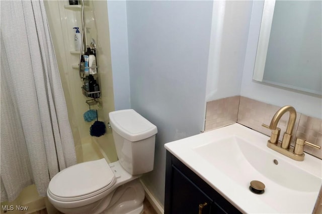 5430 Barkwood Dr, Sheffield Village, OH 44054 - bathroom with toilet, curtained shower, vanity, and backsplash