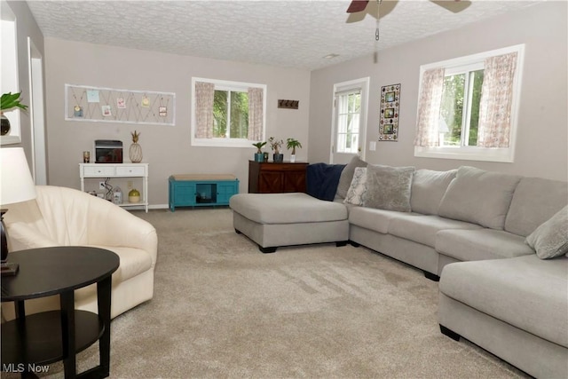 5430 Barkwood Dr, Sheffield Village, OH 44054 - living room featuring carpet floors, a ceiling fan, and a textured ceiling